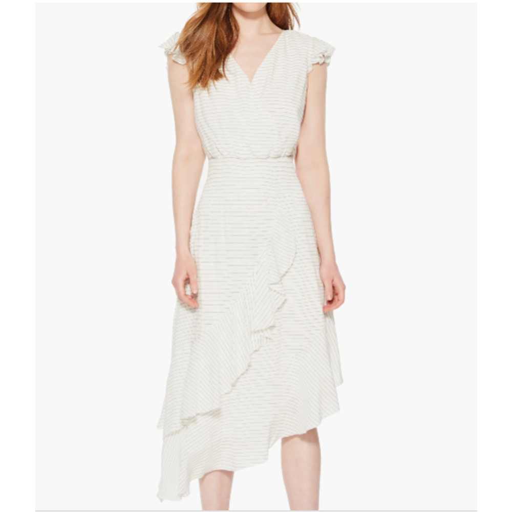 $298 Parker Black White Striped Asymmetric Jannie Ruffle Dress XS NEW